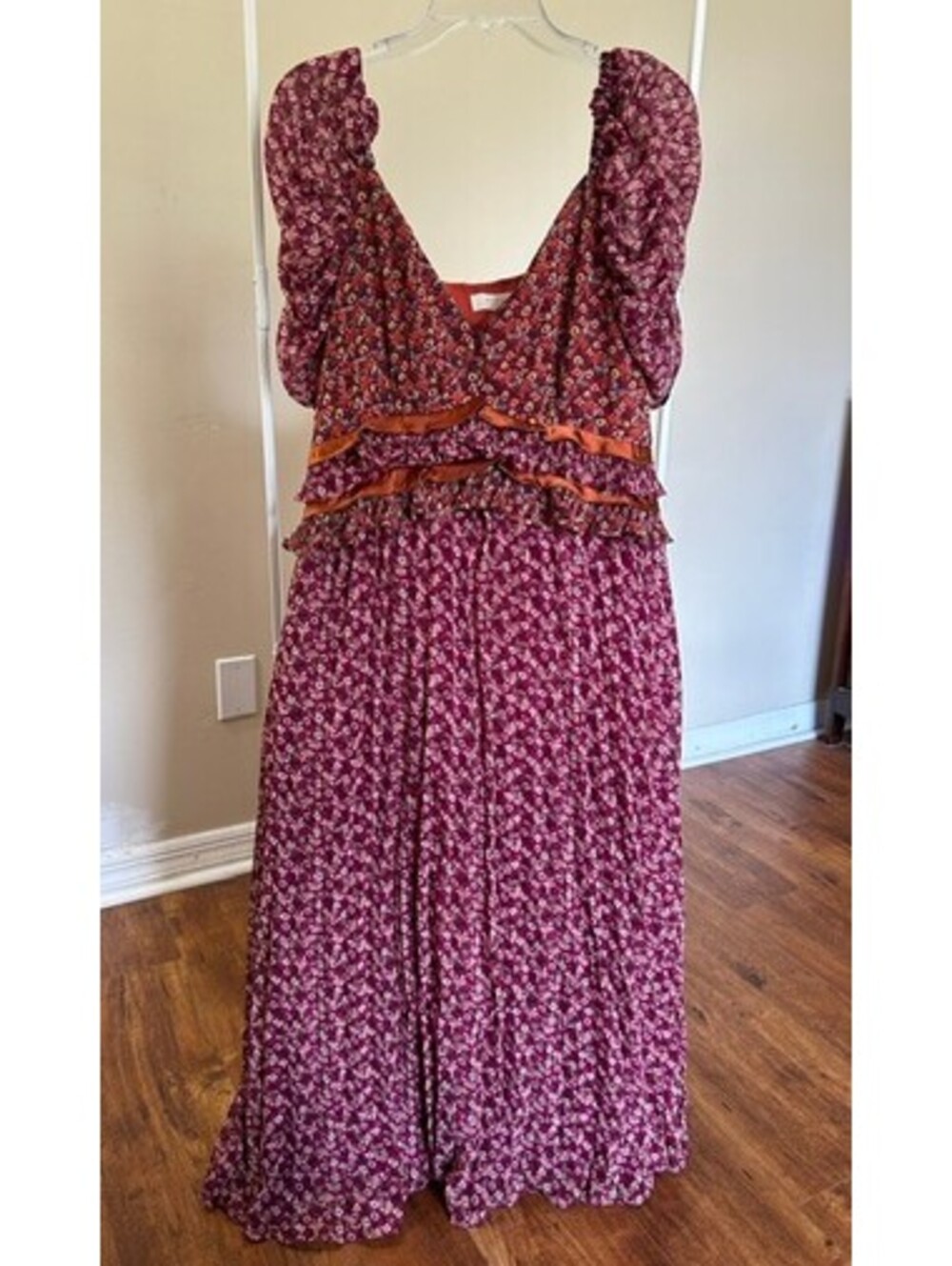 MOMNI Large Floral Puff Sleeve Maxi Dress with Ruffle Detail